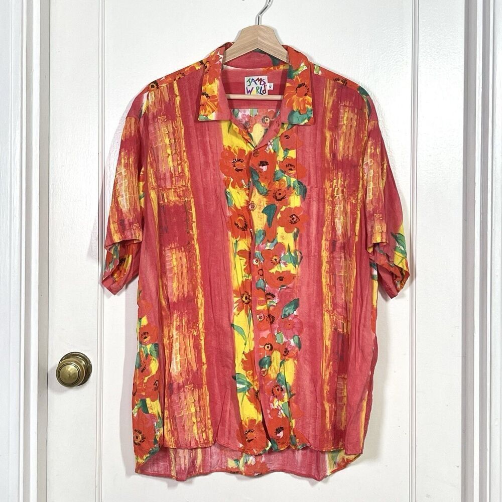 Vintage Jams World Fire Daisy Hawaiian Button Up Shirt Floral Mens Size XL